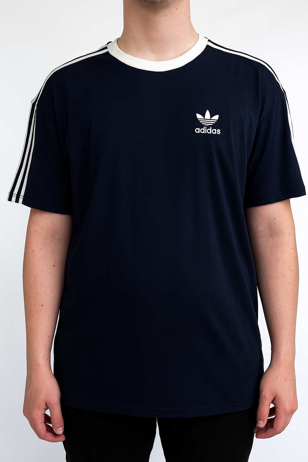 Adidas Men’s Black Crew Neck Cotton T-Shirt with Dusty Pink Stripes – Sporty Casual Comfort