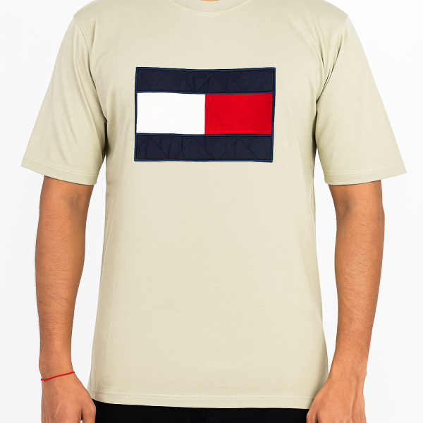 Quilted Flag Patch Men’s T-Shirt – Minimalist Streetwear Tee | Premium Casual Wear